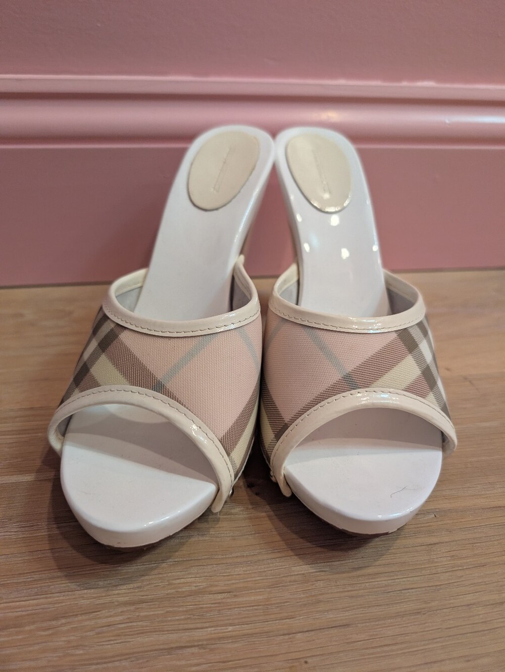 Burberry Nova Check White Pink Plaid Wooden Mules 38